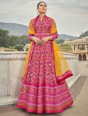 pink dola silk patola print readymade gown with dupatta fabgo20166