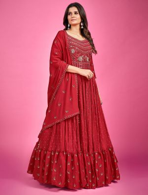 red chinon silk designer readymade gown with dupatta fabgo20159