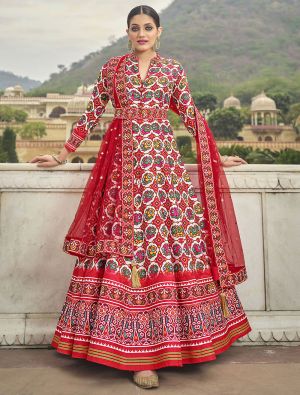 red dola silk patola print readymade gown with dupatta fabgo20167
