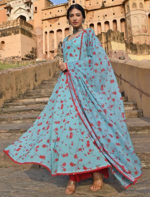 Sky Blue Georgette Floral Printed Readymade Palazzo Suit FABSL21364