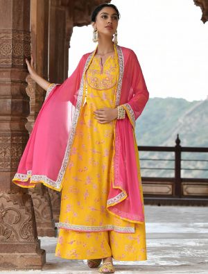 Sunny Yellow Cotton Floral Printed Readymade Palazzo Suit FABSL21370