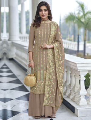 Beige Georgette Embroidered Palazzo Suit small FABSL21403