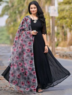 black faux georgette readymade gown with dupatta fabgo20179