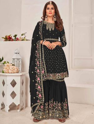 Black Georgette Sharara Suit With Multi Thread Work small FABSL21443
