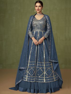 Blue Georgette Anarkali Suit With Thread And Sequin small FABSL21448