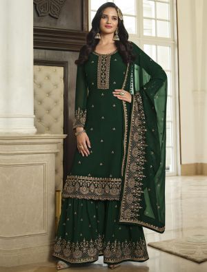 Bottle Green Georgette Sharara Suit With Thread And Sequin small FABSL21432