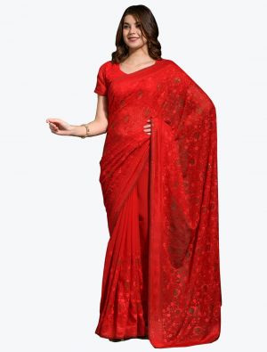 Bright Red Blooming Georgette Embroidered Saree