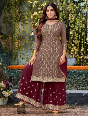 Brown Georgette Embroidered Palazzo Suit small FABSL21399