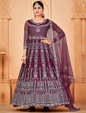 Dark Purple Net Anarkali Suit With Embroidery Work small FABSL21412