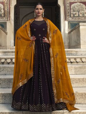 dark purple pure georgette designer gown with dupatta small fabgo20186