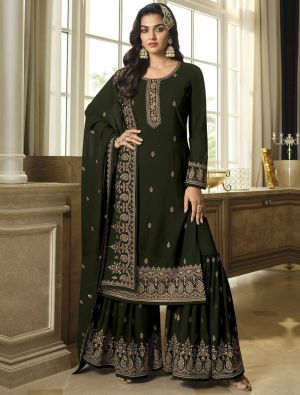 Deep Green Georgette Sharara Suit With Thread And Sequin small FABSL21437