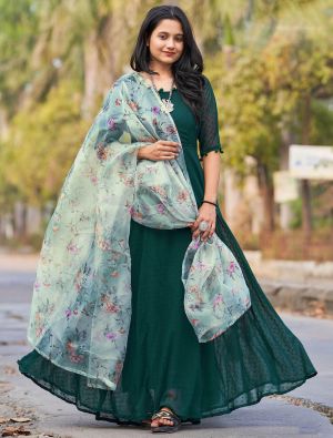 green faux georgette readymade gown with dupatta fabgo20181