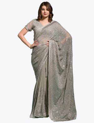Grey Blooming Georgette Embroidered Saree