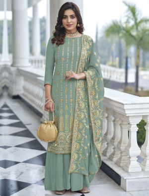 Ice Green Georgette Embroidered Palazzo Suit small FABSL21402