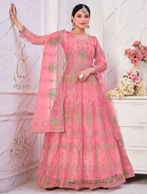 Light Pink Net Anarkali Suit With Embroidery Work small FABSL21409