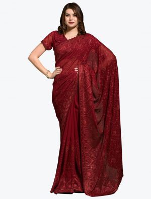 Maroon Blooming Georgette Embroidered Saree