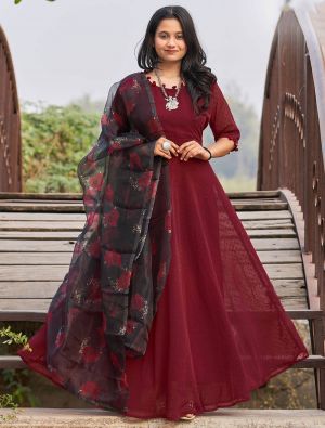 maroon faux georgette readymade gown with dupatta fabgo20180