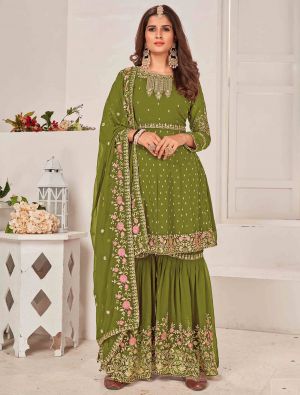 Mehendi Green Georgette Sharara Suit With Multi Thread Work small FABSL21441