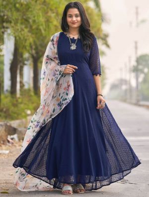 navy blue faux georgette readymade gown with dupatta fabgo20183