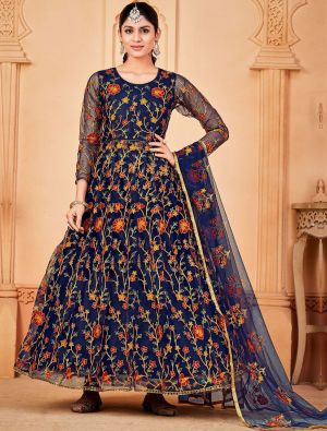 Navy Blue Net Anarkali Suit With Embroidery Work small FABSL21413