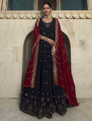 navy blue pure georgette designer gown with dupatta small fabgo20188