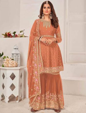 Peach Brown Georgette Sharara Suit With Multi Thread Work small FABSL21445