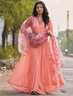 peach faux georgette readymade gown with dupatta fabgo20184