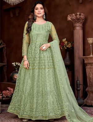 Pista Green Net Anarkali Suit With Embroidery Work small FABSL21410