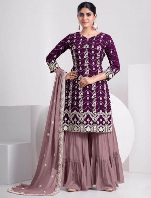 Purple Georgette Sharara Suit With Thread Work And Sequin small FABSL21426