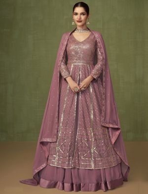 Rose Pink Georgette Anarkali Suit With Thread And Sequin small FABSL21446