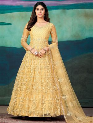 Sunny Yellow Net Anarkali Suit With Embroidery Work small FABSL21418