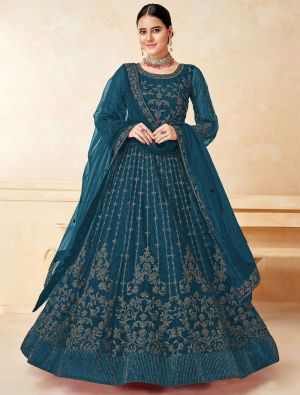 Teal Net Anarkali Suit With Heavy Embroidery Work small FABSL21405