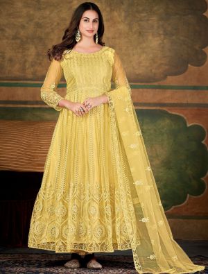 Warm Yellow Net Anarkali Suit With Embroidery Work small FABSL21415