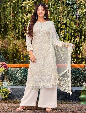 White Georgette Embroidered Palazzo Suit small FABSL21398