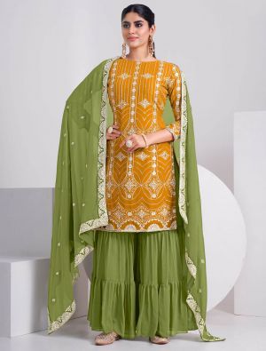 Yellow Georgette Sharara Suit With Thread Work And Sequin small FABSL21427