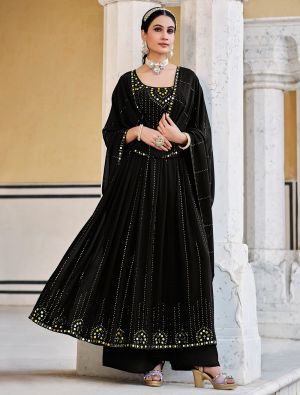 Black Georgette Palazzo Suit With Mirror Embroidery small FABSL21485