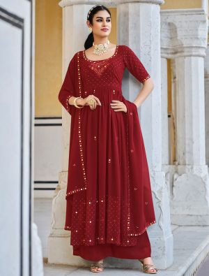 Dark Red Georgette Palazzo Suit With Mirror Embroidery small FABSL21483