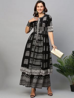 black pure cotton printed kurti with bottom fabku20760