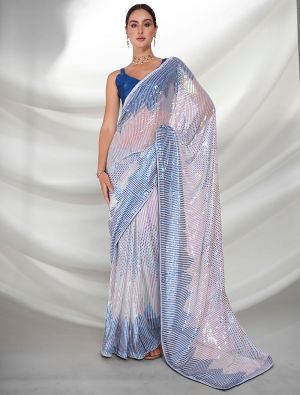Dazzling White Fancy Georgette Saree With Heavy Sequins