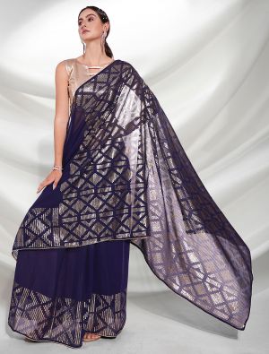 Deep Blue Fancy Georgette Saree With Heavy Sequins