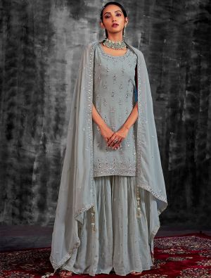 Light Grey Pure Georgette Readymade Sharara Suit FABSL21494