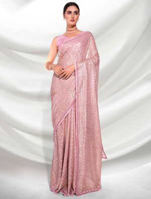 Light Pink Fancy Georgette Saree With Heavy Sequins