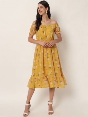 mustard georgette floral printed midi dress fabku20745