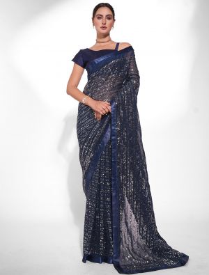 Navy Blue Fancy Georgette Saree With Heavy Sequins
