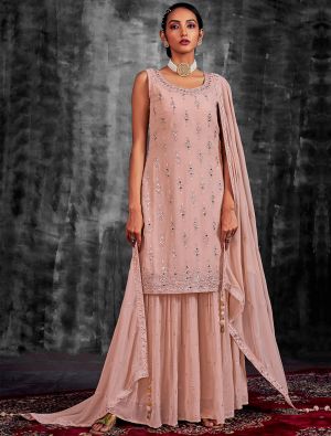 Pastel Peach Pure Georgette Readymade Sharara Suit FABSL21500