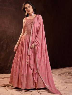 peachy pink pure georgette ready to wear designer gown fabgo20201