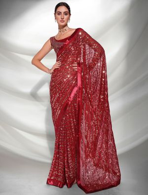 Rich Maroon Fancy Georgette Saree With Heavy Sequins