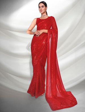 Shiny Red Fancy Georgette Saree With Heavy Sequins