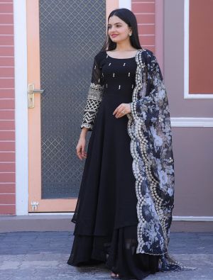 black georgette embroidered readymade gown with dupatta fabgo20219