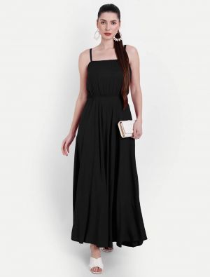 deep black viscose rayon flared sleeveless maxi dress fabku20814